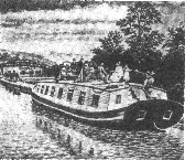 This is a drawing of a Pennsylvania canal boat, being pulled along the canal. Passengers are sitting on the upper deck.